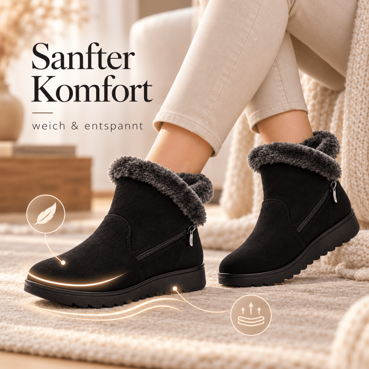 Hedda – Orthopädische Winterstiefel Damen gefüttert – Warme Snow Boots mit Fellkragen, Reißverschluss & rutschfester Sohle Stiefeletten