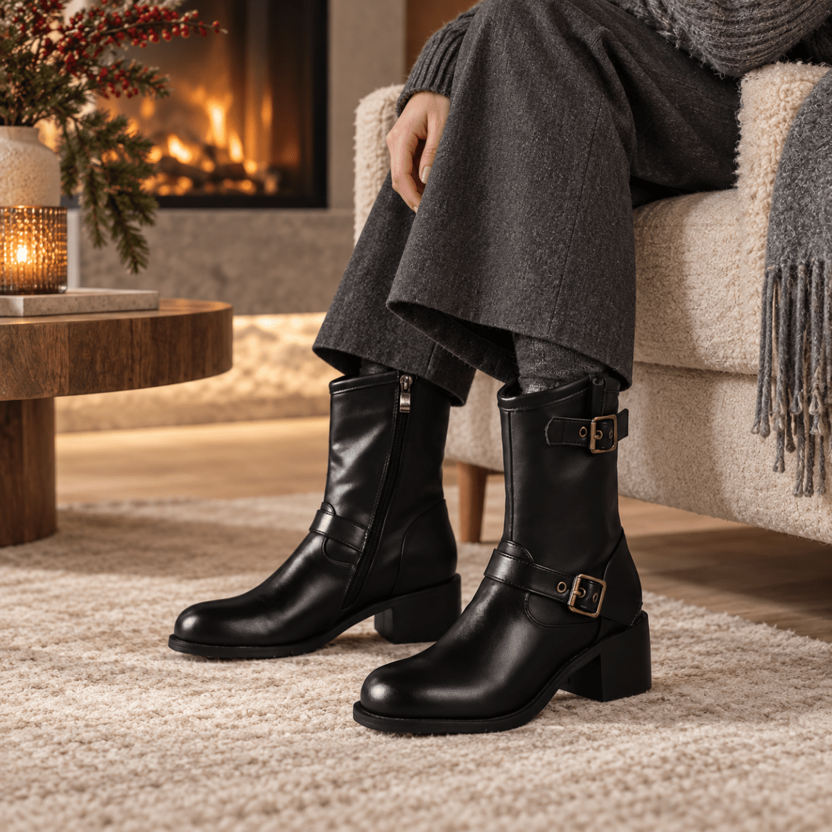 Maren – Orthopädische Winterstiefel Damen gefüttert – Bequeme Stiefeletten mit Blockabsatz & Schnallen Stiefeletten