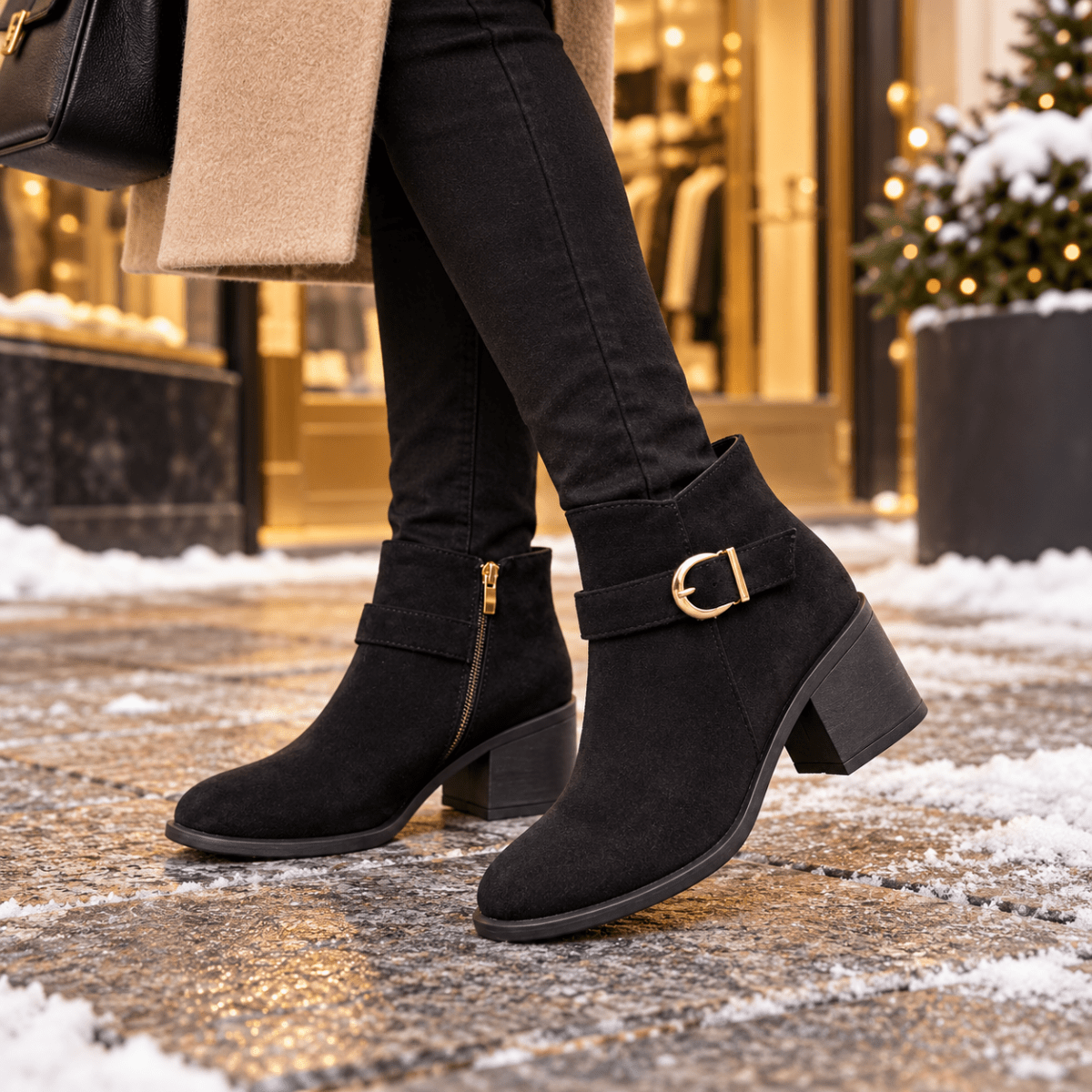 Svea – Orthopädische Winter Stiefeletten Damen gefüttert – Bequeme Wildleder-Optik Boots mit Blockabsatz & Schnalle, Gr. 35–43 Stiefeletten