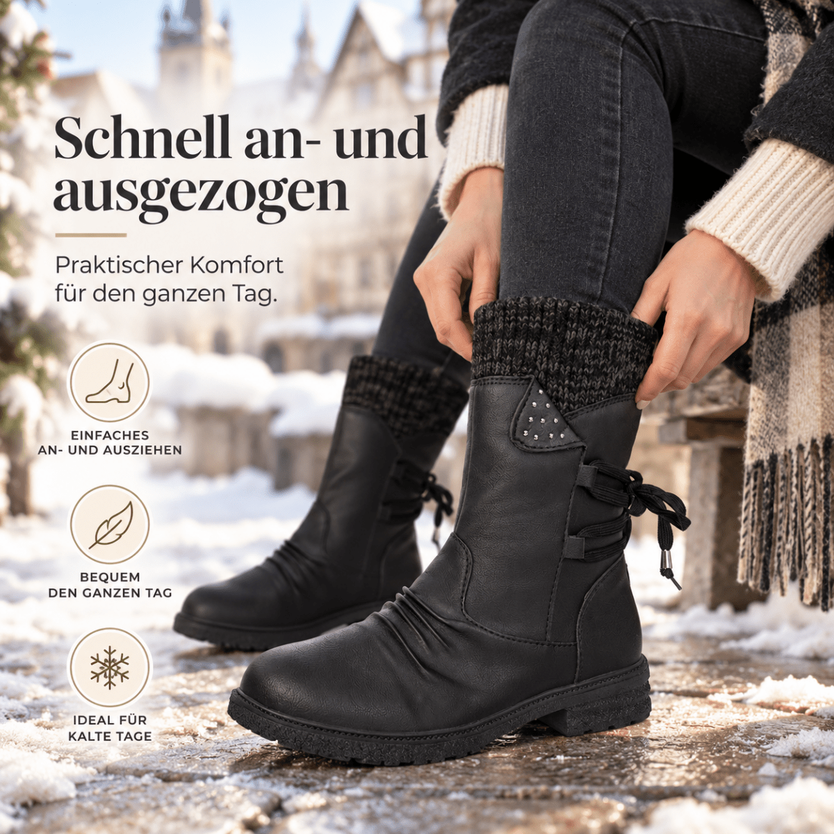 Tilda – Orthopädische Winterstiefel Damen mit Strickschaft – Gefütterte Stiefeletten mit flachem Absatz & Reißverschluss Stiefeletten