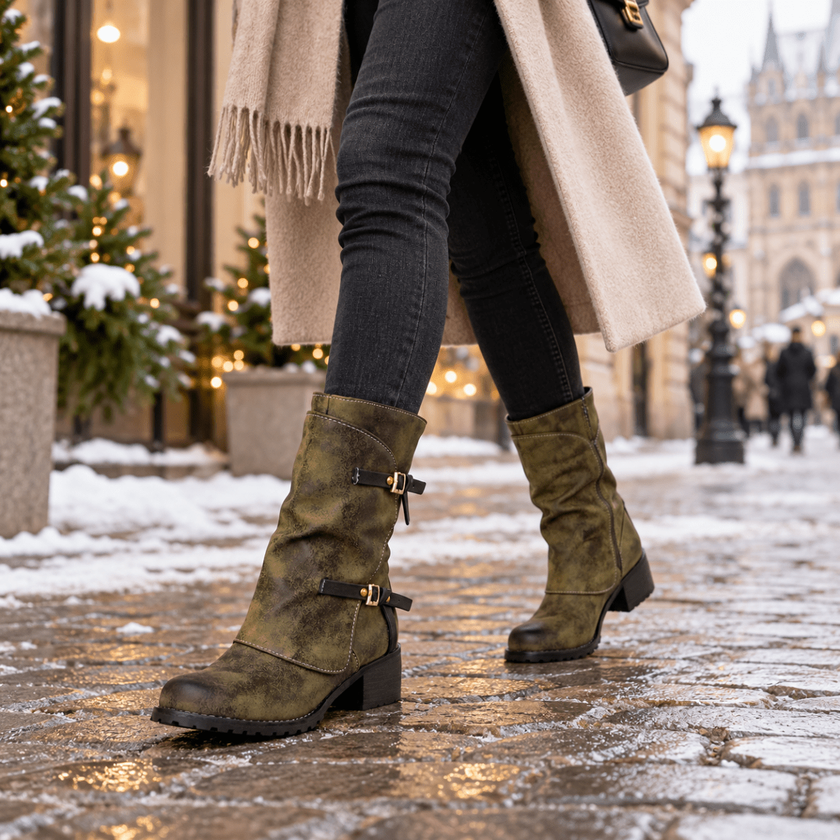 Ylvi – Orthopädische Winterstiefel Damen mit Blockabsatz – Gefütterte Stiefeletten mit Schnallen & Reißverschluss Stiefeletten