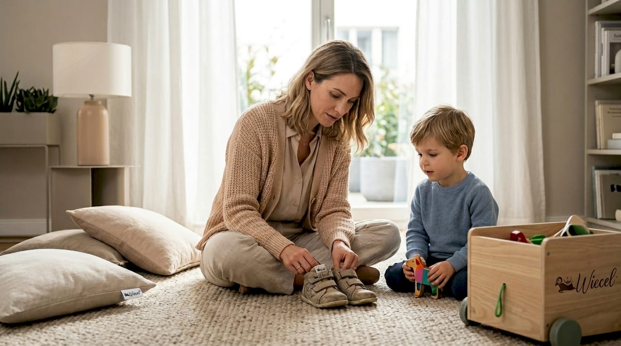 Eine Mutter begutachtet zu Hause gebrauchte Kinderschuhe, um zu prüfen, ob sie noch in gutem Zustand sind.