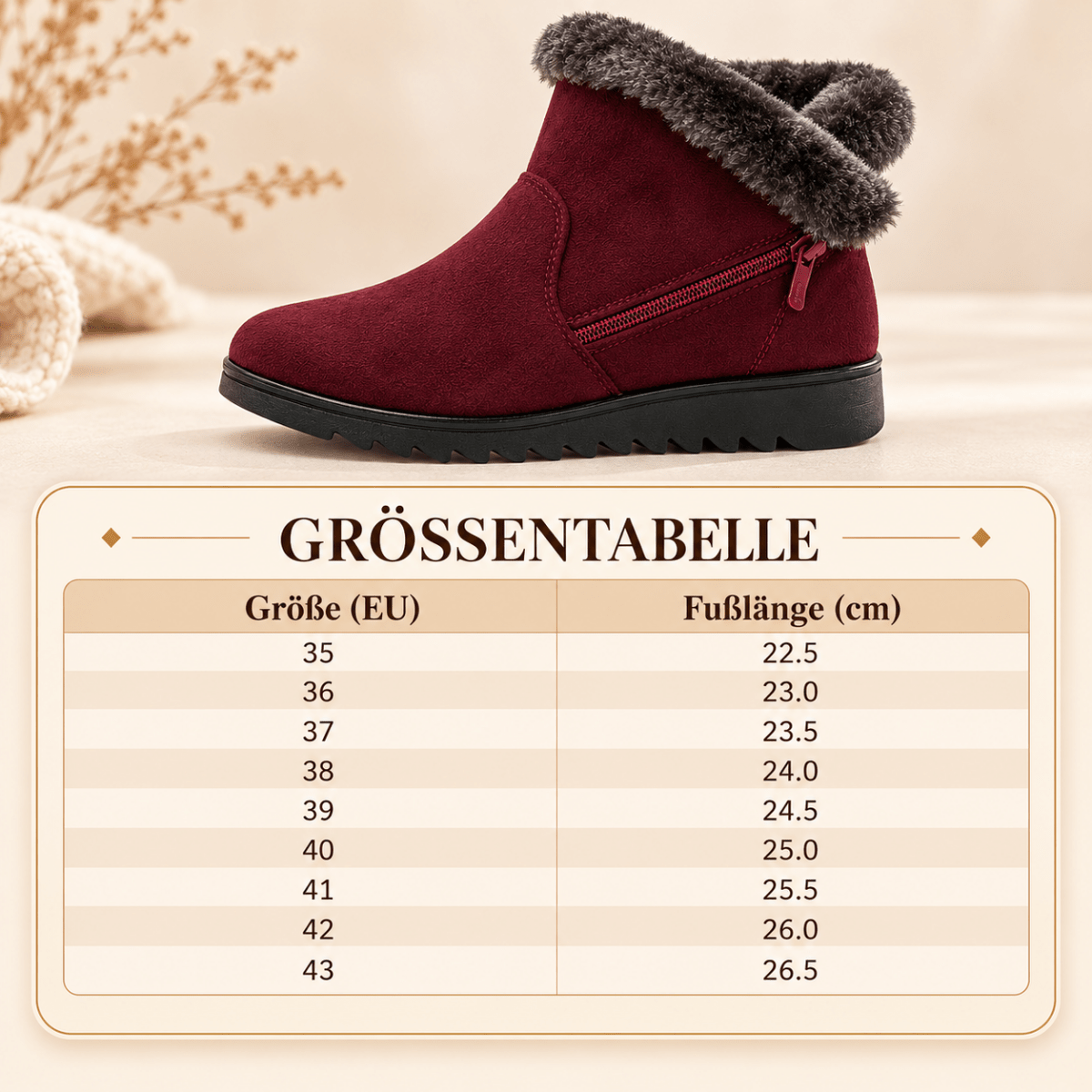 Hedda – Orthopädische Winterstiefel Damen gefüttert – Warme Snow Boots mit Fellkragen, Reißverschluss & rutschfester Sohle Stiefeletten