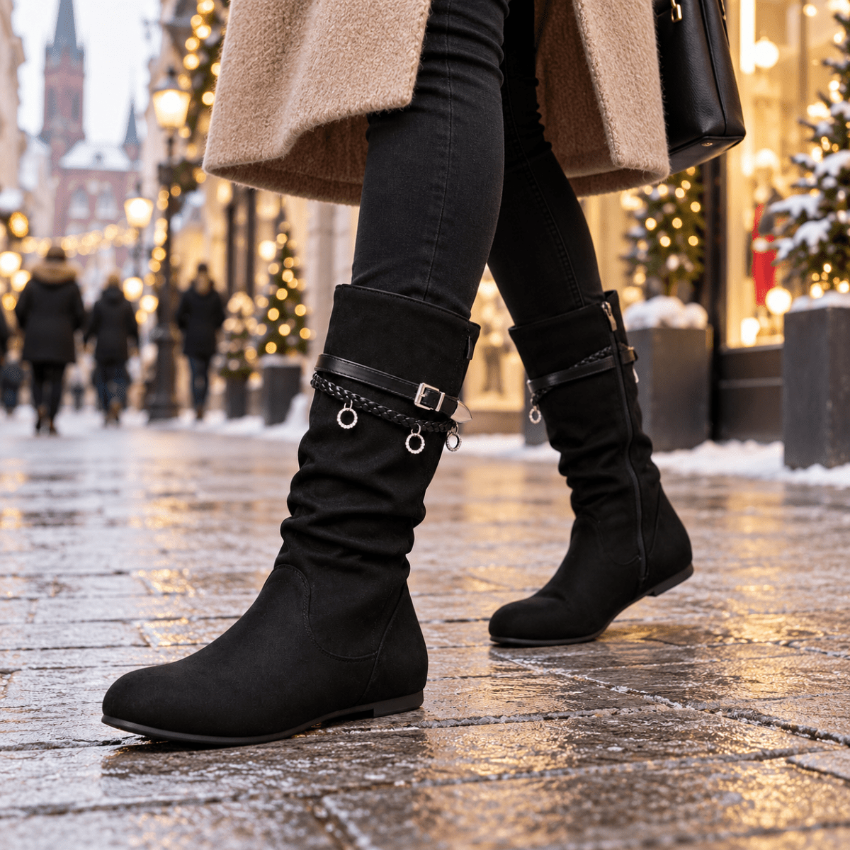 Runa – Orthopädische Winterstiefel Damen in Wildleder-Optik – Flache Slouch-Stiefel mit Schnallen & Reißverschluss Stiefeletten