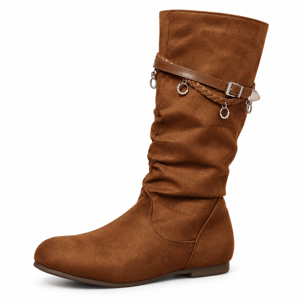 Runa – Orthopädische Winterstiefel Damen in Wildleder-Optik – Flache Slouch-Stiefel mit Schnallen & Reißverschluss Stiefeletten