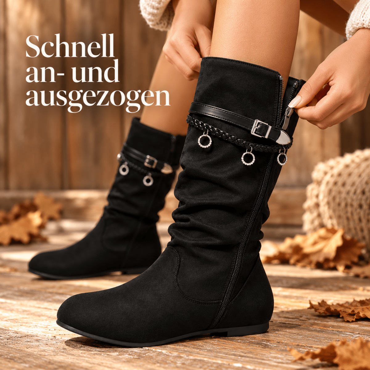 Runa – Orthopädische Winterstiefel Damen in Wildleder-Optik – Flache Slouch-Stiefel mit Schnallen & Reißverschluss Stiefeletten