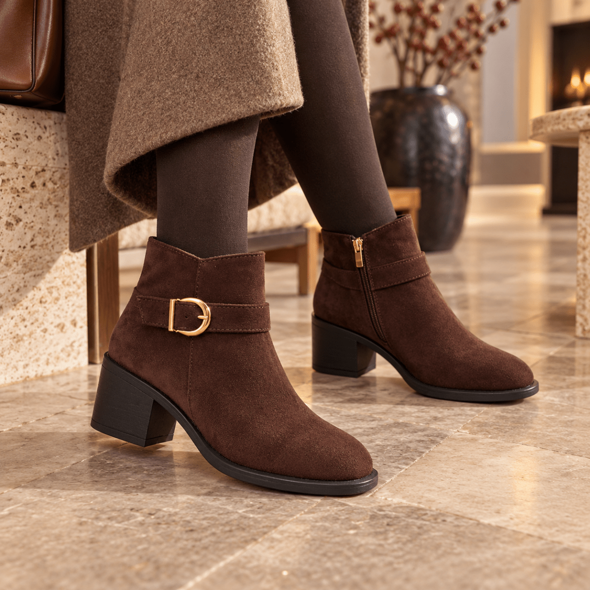 Svea – Orthopädische Winter Stiefeletten Damen gefüttert – Bequeme Wildleder-Optik Boots mit Blockabsatz & Schnalle, Gr. 35–43 Stiefeletten