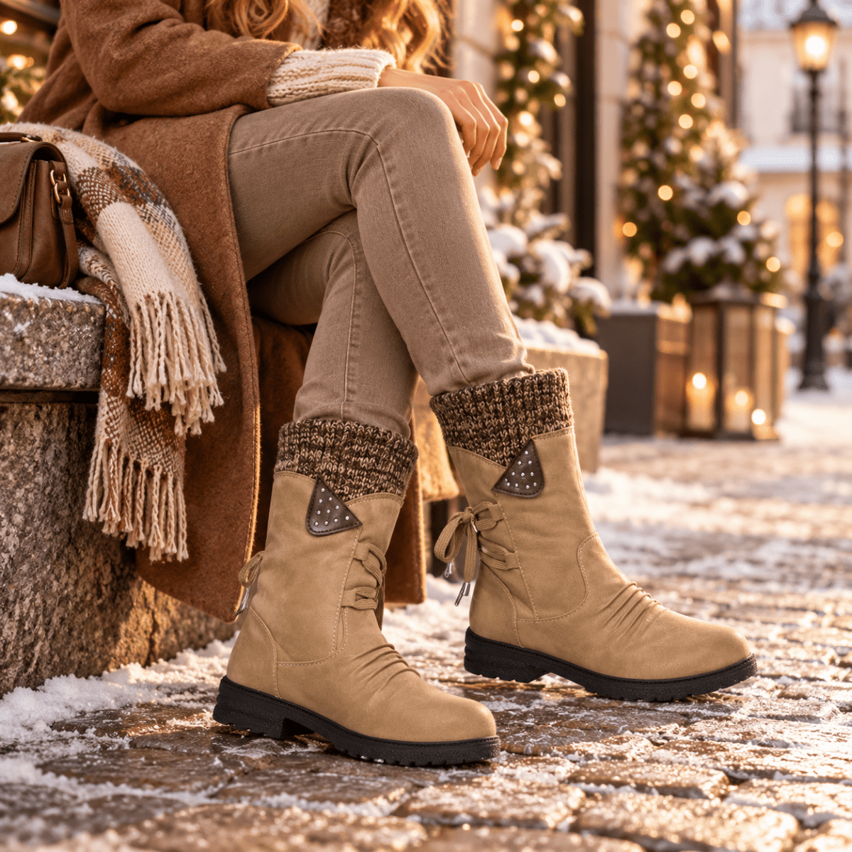 Tilda – Orthopädische Winterstiefel Damen mit Strickschaft – Gefütterte Stiefeletten mit flachem Absatz & Reißverschluss Stiefeletten