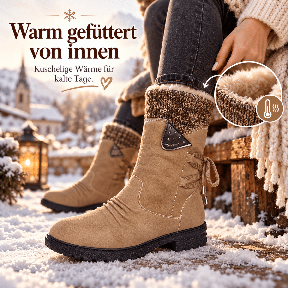 Tilda – Orthopädische Winterstiefel Damen mit Strickschaft – Gefütterte Stiefeletten mit flachem Absatz & Reißverschluss Stiefeletten