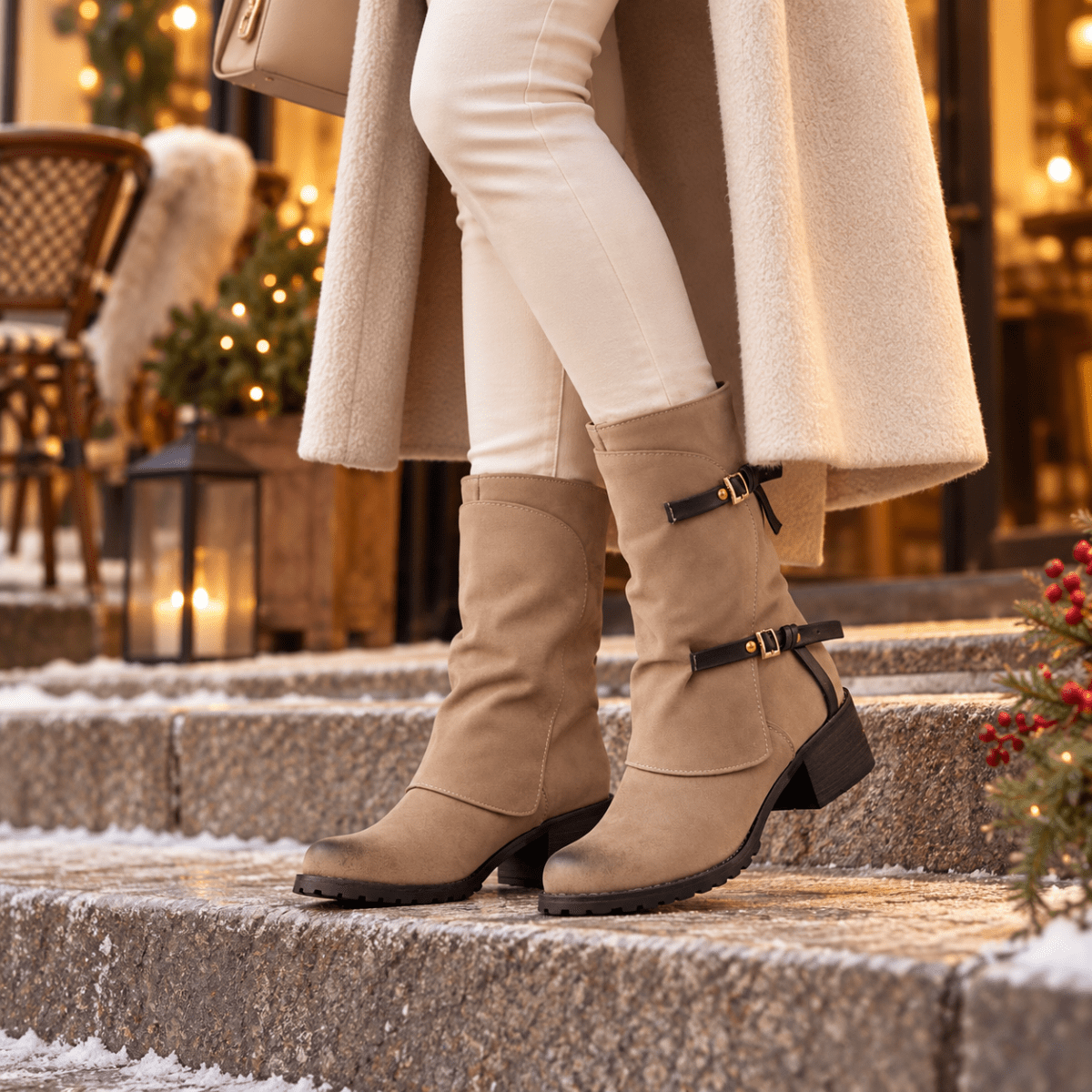 Ylvi – Orthopädische Winterstiefel Damen mit Blockabsatz – Gefütterte Stiefeletten mit Schnallen & Reißverschluss Stiefeletten