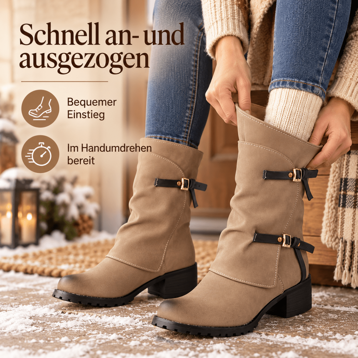 Ylvi – Orthopädische Winterstiefel Damen mit Blockabsatz – Gefütterte Stiefeletten mit Schnallen & Reißverschluss Stiefeletten